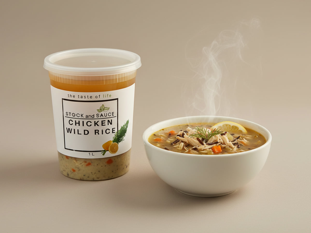 Stock & Sauce Chicken Wild Rice soup — the 1 L tub beside a bowl of it, served