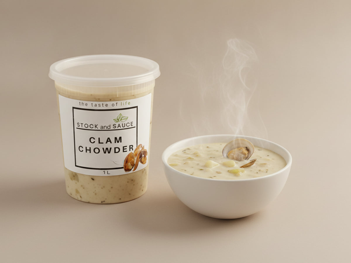 Stock & Sauce Clam Chowder — the 1 L tub beside a bowl of it, served