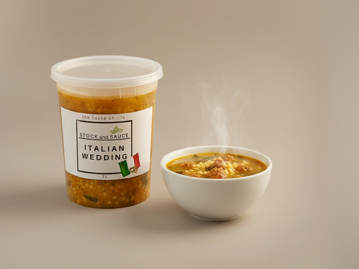 Stock & Sauce Italian Wedding soup — the 1 L tub beside a bowl of it, served