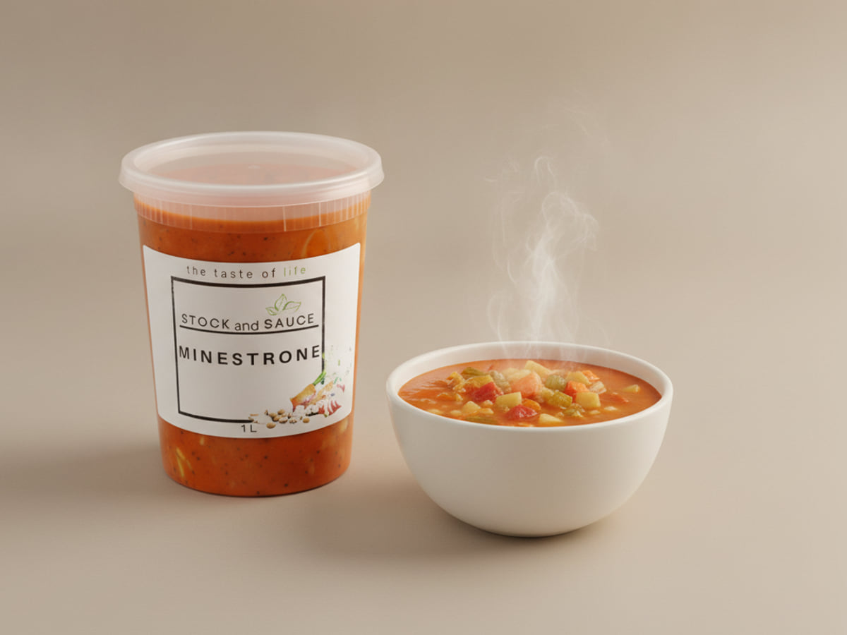 Stock & Sauce Minestrone soup — the 1 L tub beside a bowl of it, served