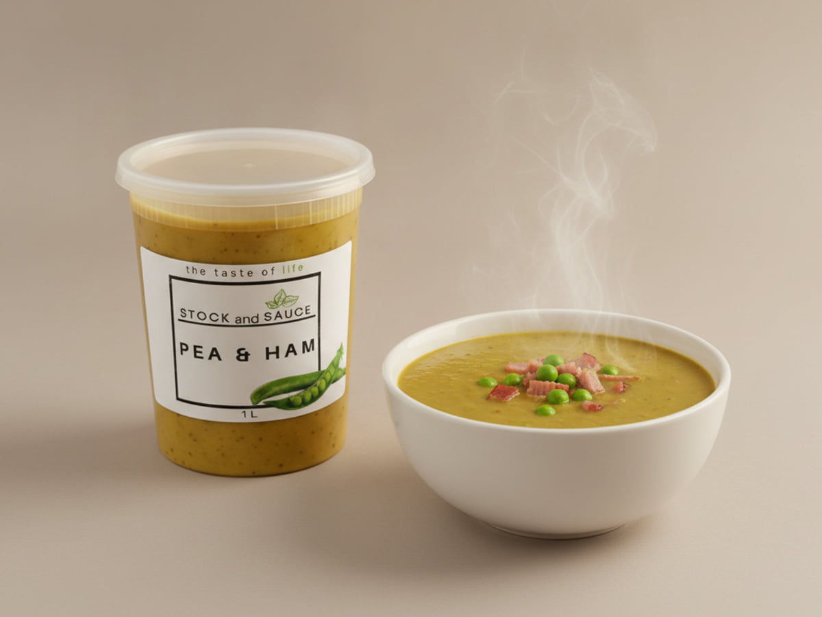 Stock & Sauce Pea & Ham soup — the 1 L tub beside a bowl of it, served