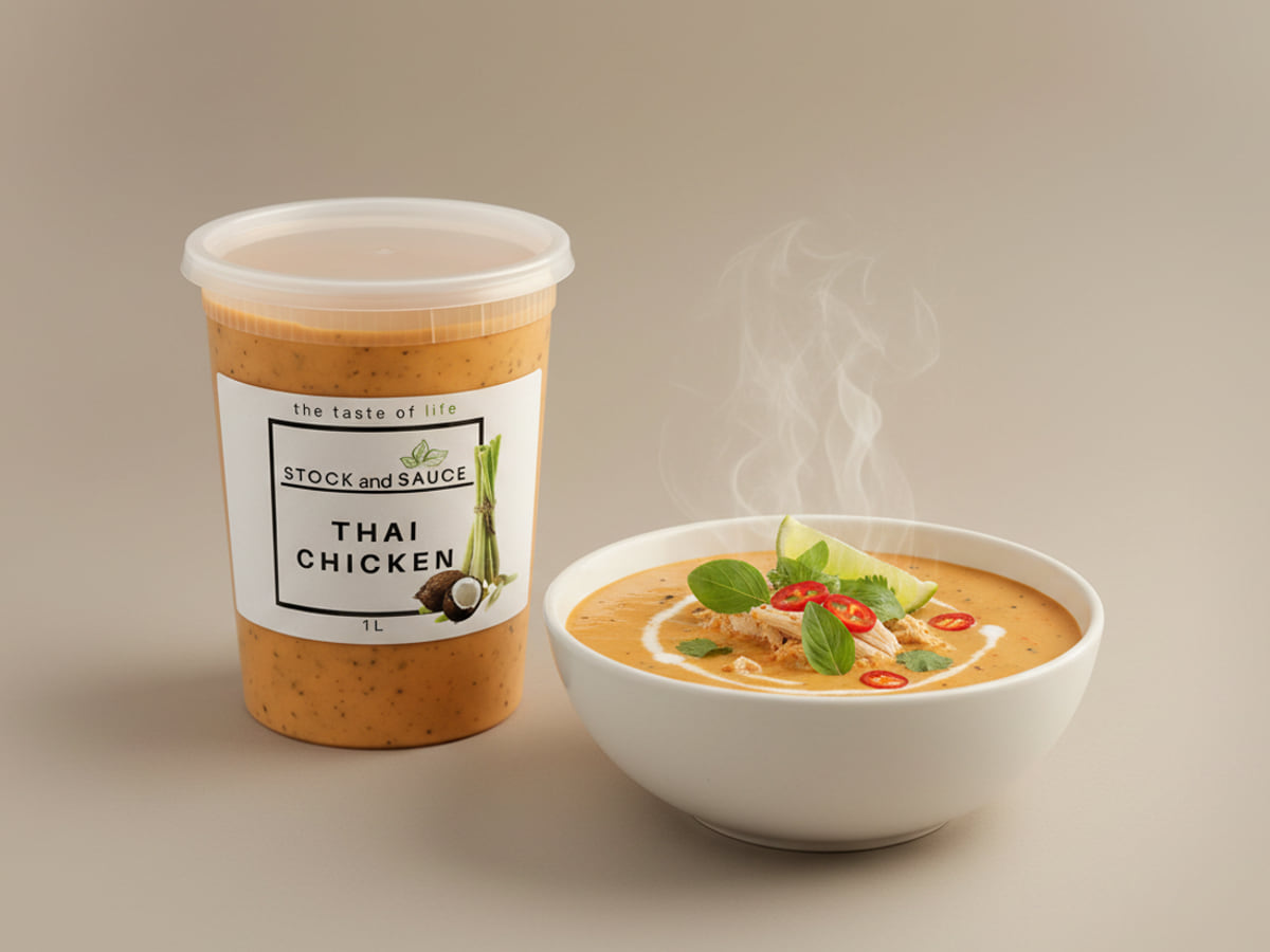 Stock & Sauce Thai Chicken soup — the 1 L tub beside a bowl of it, served