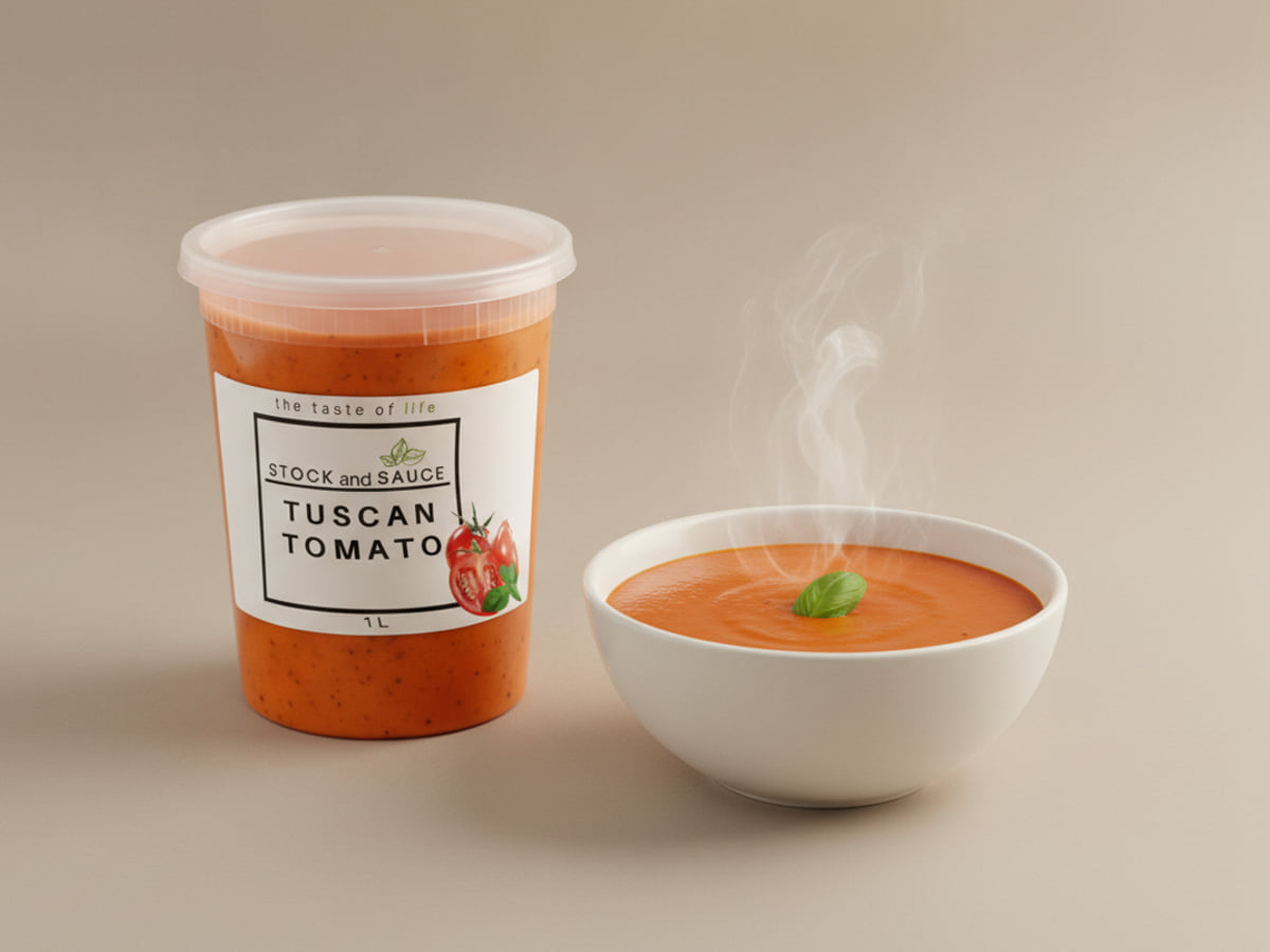 Stock & Sauce Tuscan Tomato soup — the 1 L tub beside a bowl of it, served