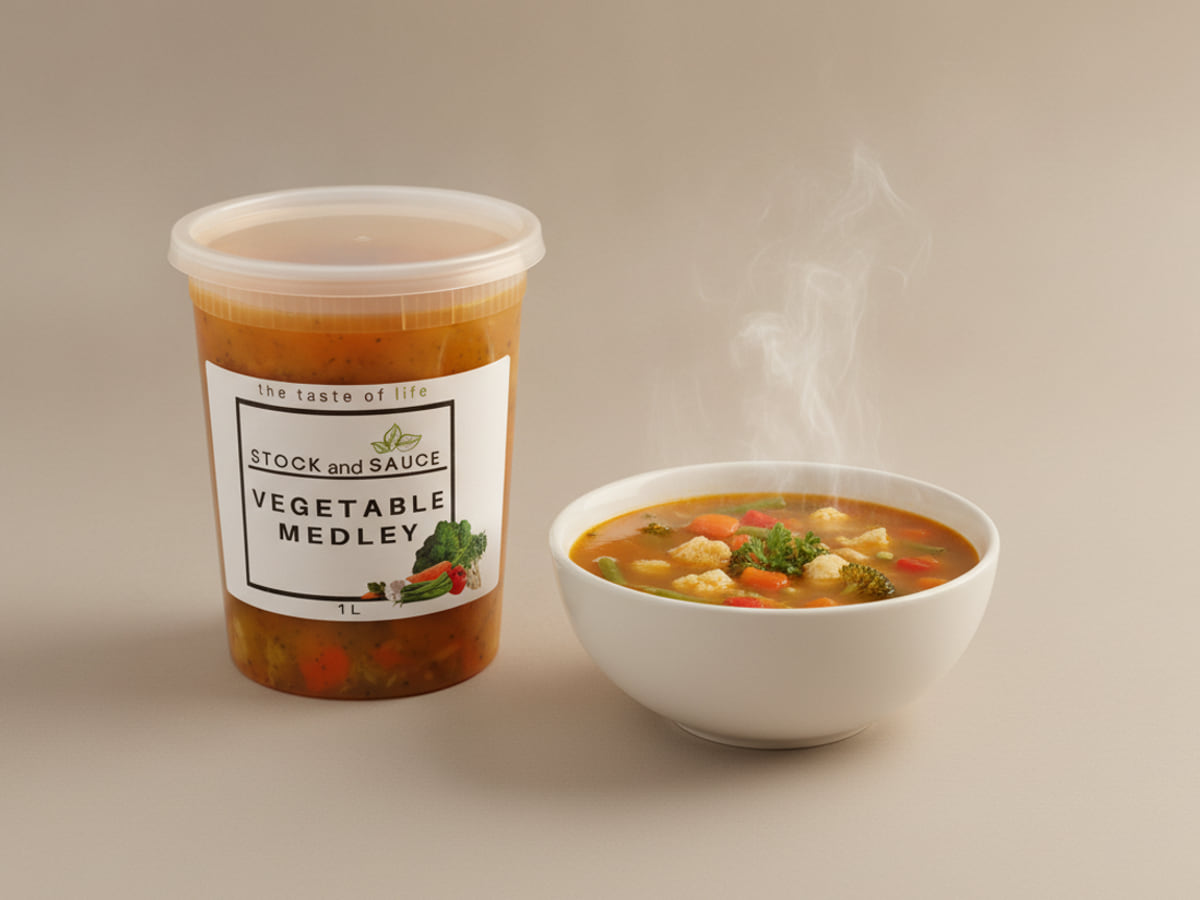 Stock & Sauce Vegetable Medley soup — the 1 L tub beside a bowl of it, served