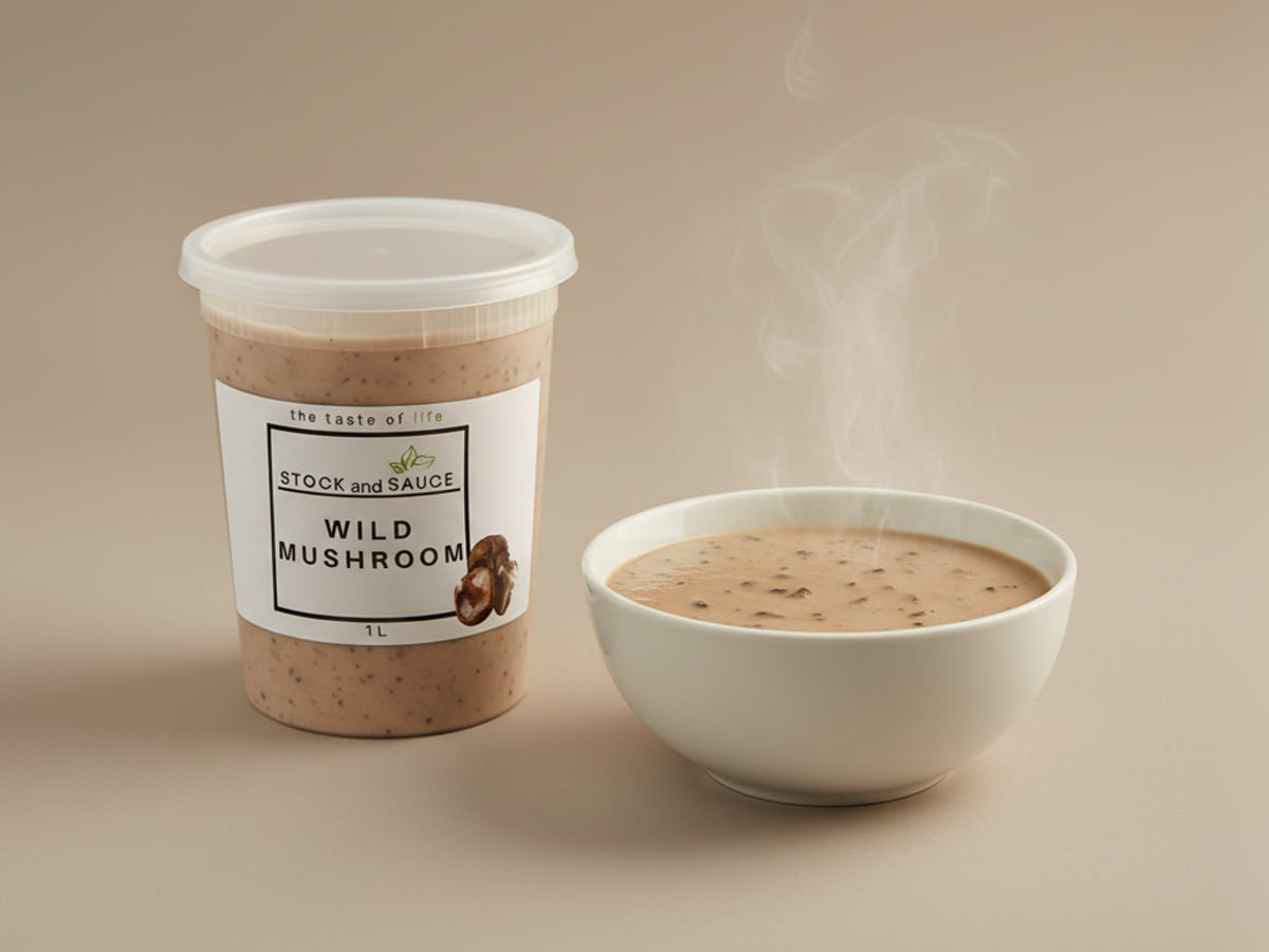 Stock & Sauce Wild Mushroom soup — the 1 L tub beside a bowl of it, served