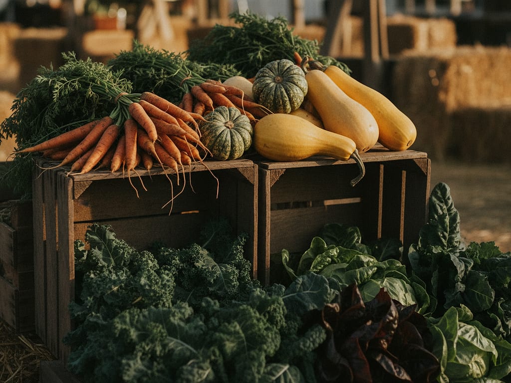 Wooden crates stacked with fresh carrots, squash and market greens